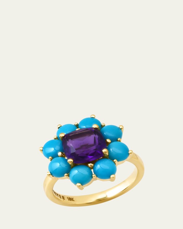 Turquoise and Amethyst Flower Ring in 18K Yellow Gold, Size